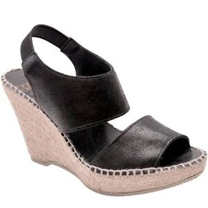 André Assous Wedge Espadrille with Black Leather, Size 9, Great Condition
